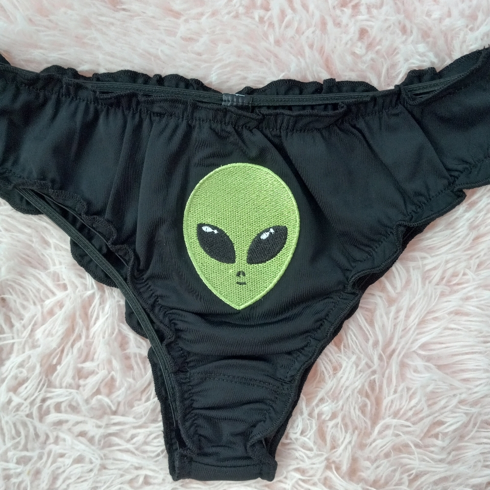 FINAL PRICE Dolls Kill Silky cheeky alien embroidered black ruffle edged panty! - Picture 6 of 9